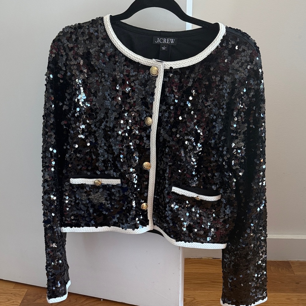 NWOT J. Crew Black Sequin Blazer with White Trim